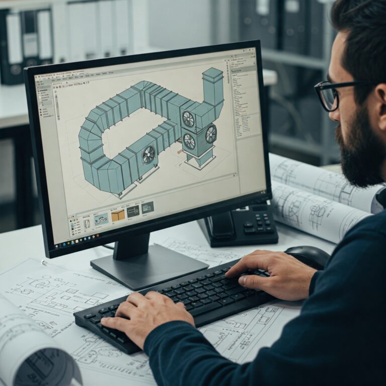 technician designing industrial ventilation system on computer
