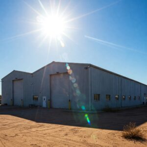 sun shining on metal building needing industrial fans and ventilation